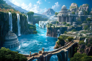 Fantasy city landscape, cliffs and waterfalls, Atlantis, white stone, coastal water island civilization. - obrazy, fototapety, plakaty