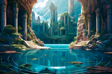 Fantasy landscape, ancient stone ruins in the water, round pool, grotto, columns, Atlantis, coastal water island civilization, sci fi.
