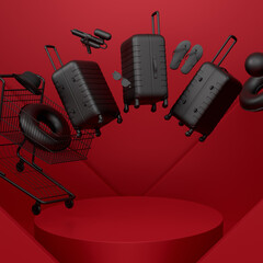 Luggage with beach accessories on podium on monochrome background.