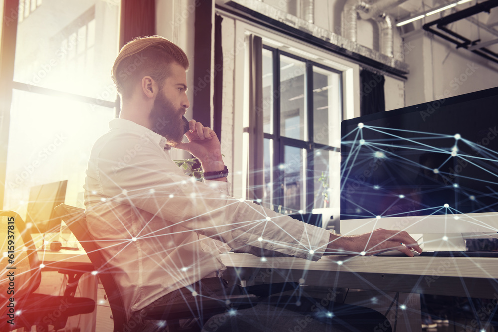 Poster businessman in office connected on internet network with a computer. concept of startup company