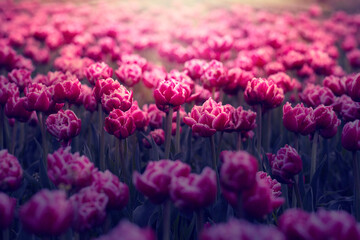 Różowe tulipany. Kwiaty wiosenne, polana tulipanów