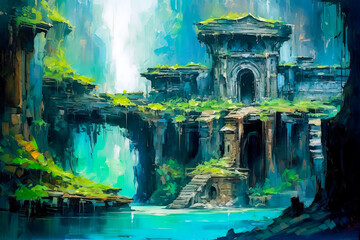 Fantasy stone ruins landscape, water, wet, overgrown, old.