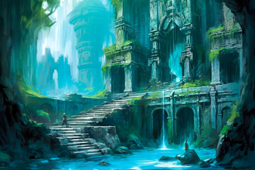 Fantasy stone ruins landscape, water, wet, overgrown, old.