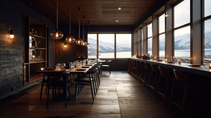 Modern interior space of a vineyard nestled amidst the stunning winter landscapes of Northern Norway. Generative AI