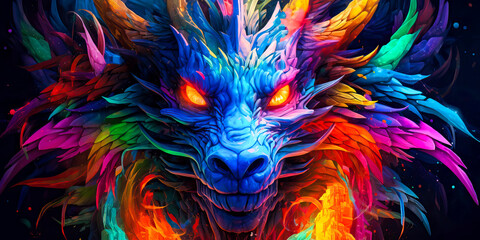 Colorful dragon, neon vibrant colors, blacklight, black background, fantasy.