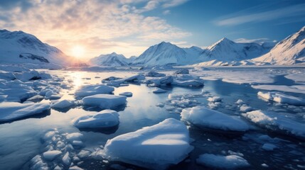 Frozen Arctic setting with icy terrain, snow - covered mountains, and a chilling atmosphere