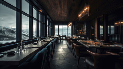 Modern interior space of a vineyard nestled amidst the stunning winter landscapes of Northern Norway. Generative AI