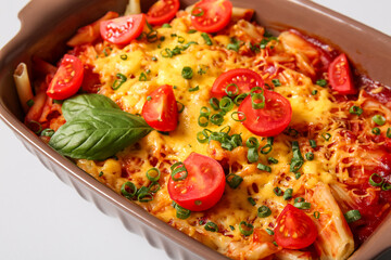 Baking dish of pasta with tomato sauce and cheese on grey background