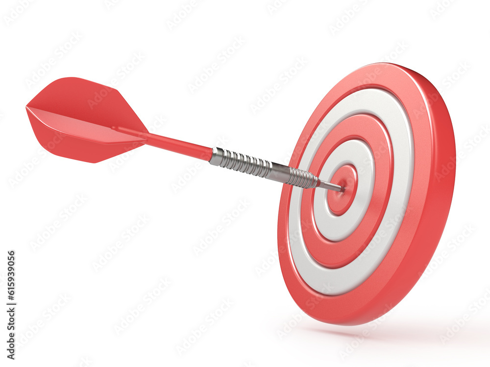 Poster red target and dart hitting center. 3d render illustration isolated on white background