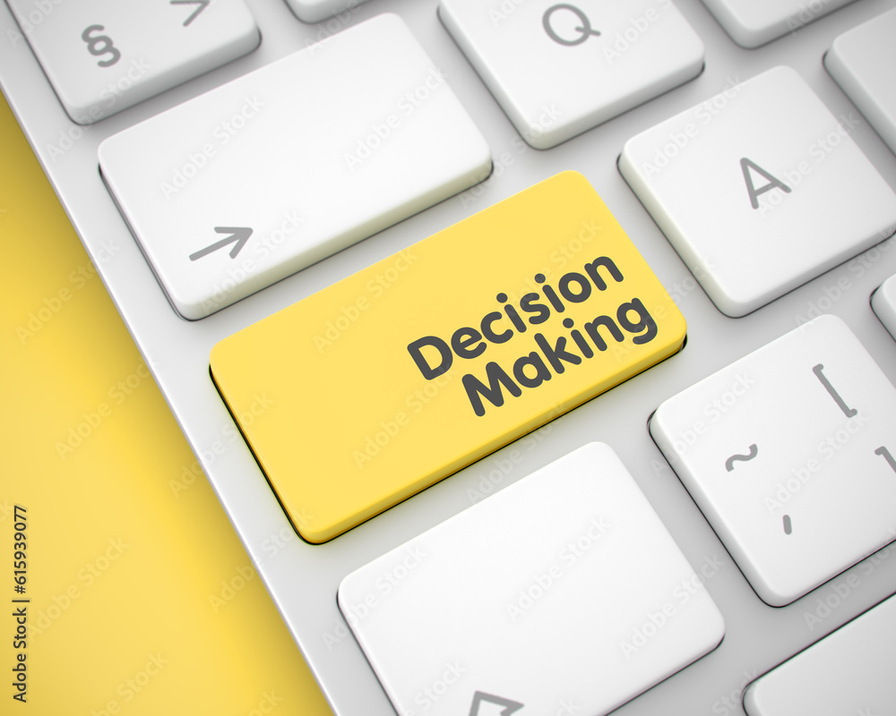Poster close view yellow keyboard key - decision making. online service concept with modern laptop enter ye