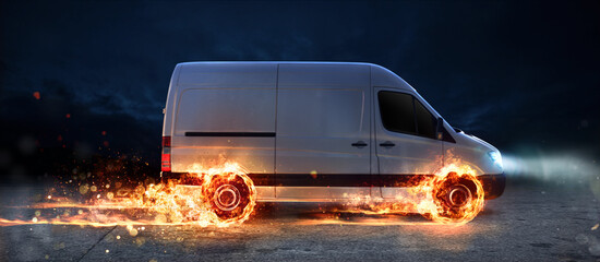 Super fast delivery of package service . van with wheels on fire on the road