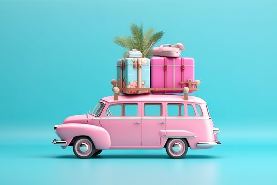 pink car toy with luggage on blue background