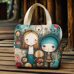 Stylish bag with handles and a bright print in the style of sur. Handbag made of eco leather and textiles. Fashionable print with cute fairy-tale girls. Generative AI - obrazy, fototapety, plakaty