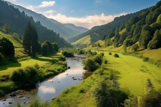 countryside scenery with river in the morning