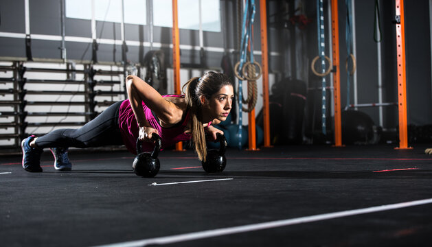 Determined athletic girl works out at the gym with a kettlebell