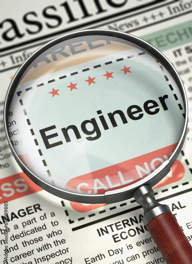 Poster newspaper with small ads of job search engineer. engineer - closeup view of small advertising in new