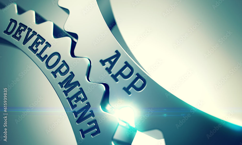 Poster inscription app development on metal cogwheels - interaction concept. app development on the mechani