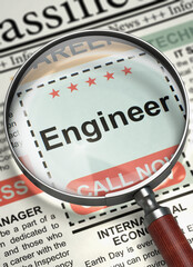 Newspaper with Small Ads of Job Search Engineer. Engineer - CloseUp View of Small Advertising in Newspaper with Magnifying Lens. Job Search Concept. Blurred Image with Selective focus. 3D.