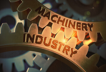 Machinery Industry - Technical Design. Machinery Industry on the Mechanism of Golden Metallic Cog Gears with Lens Flare. 3D Rendering.