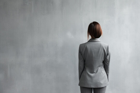 Business woman standing back against gray wall