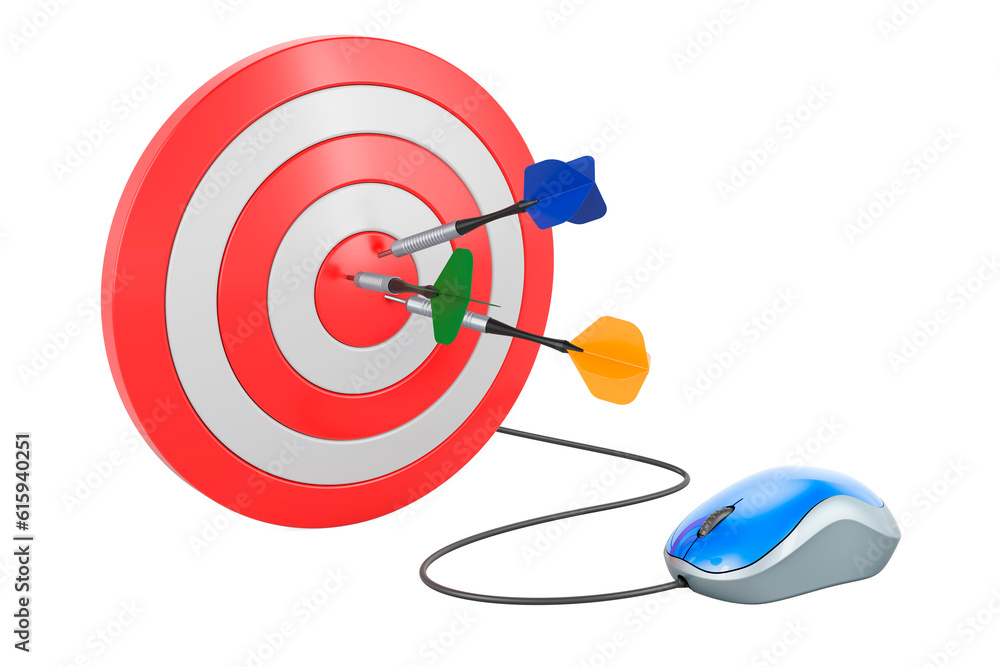 Poster target with arrows with computer mouse. 3d rendering
