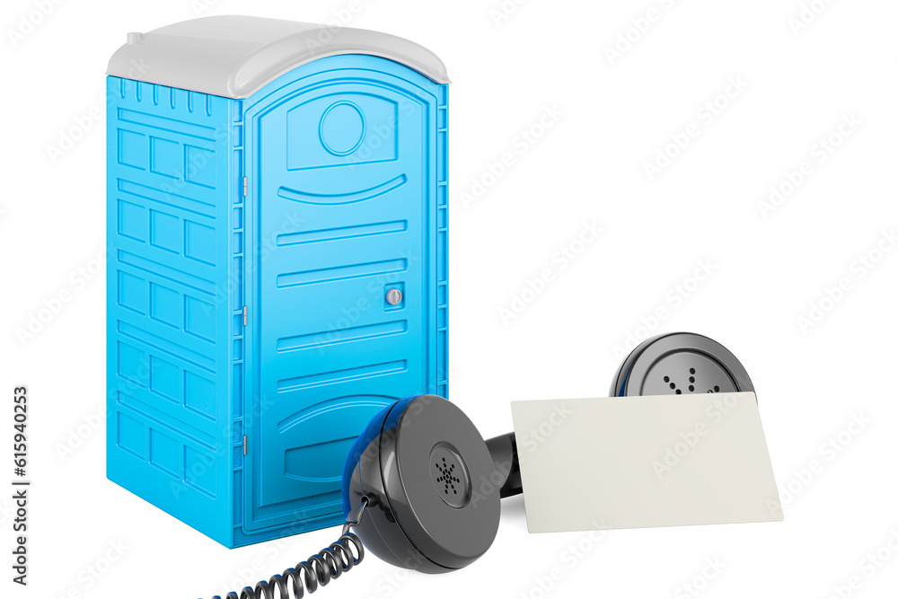 Poster portable toilets with blank business card and retro phone receiver. 3d rendering