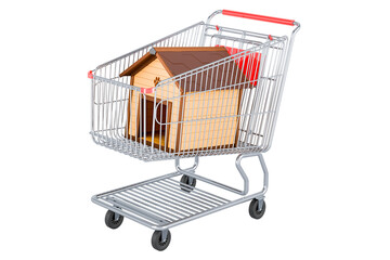 Wooden doghouse inside shopping cart, 3D rendering