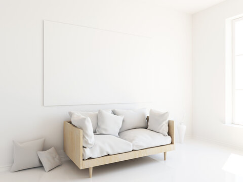 Interior mockup illustration, 3d render of scandinavian style room with sofa, white blank wall