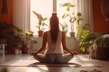 Young woman with good posture meditating at home, back view