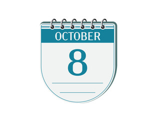 8 october round retro calendar page vector. 3d one day calendar, date appointment, business planner, event reminder illustration. Abstract three dimensional daily date old style calendar. 