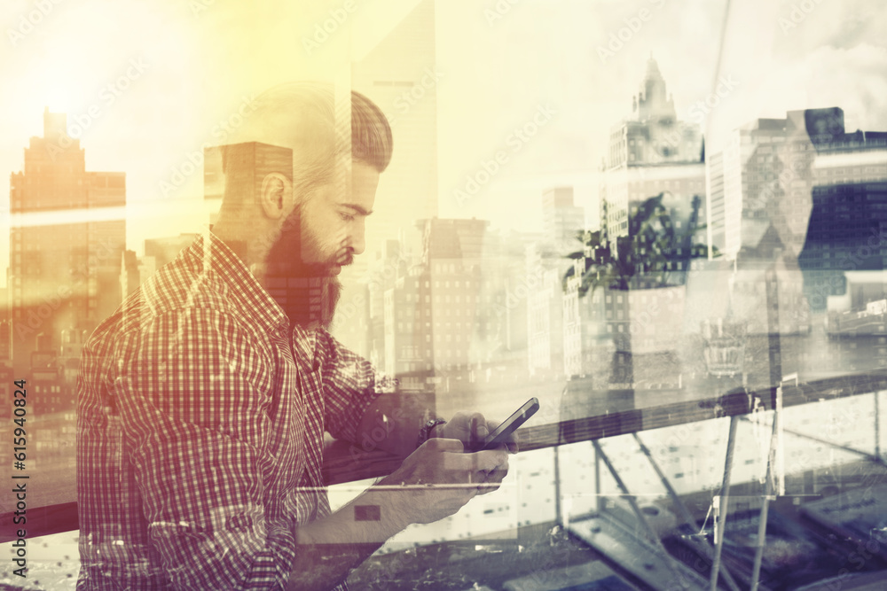 Poster smartphone of a businessman on a table that shares multimedia with internet connection