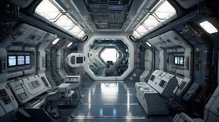 Interior of a space station, complete with control rooms, zero - gravity areas, and advanced technology