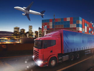 Truck, aircraft and cargo ship in a deposit ready to start to deliver. 3D Rendering