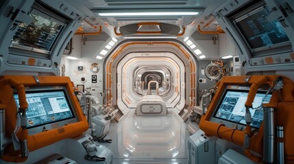 Fototapeta premium Interior of a space station, complete with control rooms, zero - gravity areas, and advanced technology