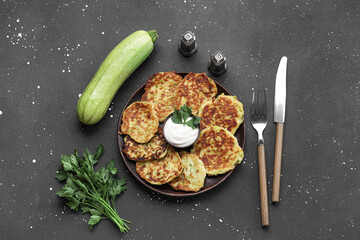 Plate with tasty zucchini fritters on grunge background
