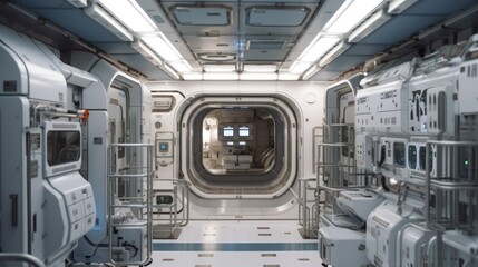 Interior of a space station, complete with control rooms, zero - gravity areas, and advanced technology