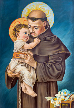 NAPLES, ITALY - APRIL 20, 2023: The painting of St. Anthony of Padua in church Basilica di Santa Maria degli Angeli a Pizzofalcone by A. Savino from 20. cent..