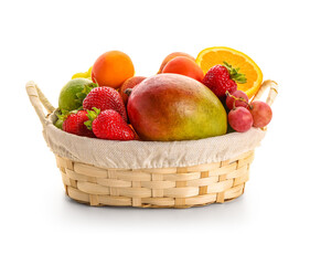 Wicker basket with different fresh fruits on white background