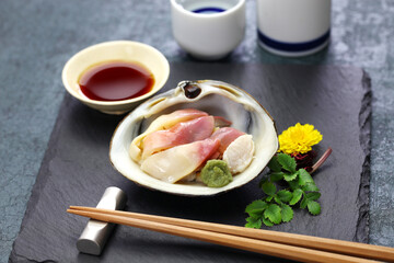 hokkigai (sakhalin surf clam) sashimi, japanese cuisine