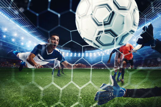 Soccer striker hits the ball with his head towards the net. 3D Rendering