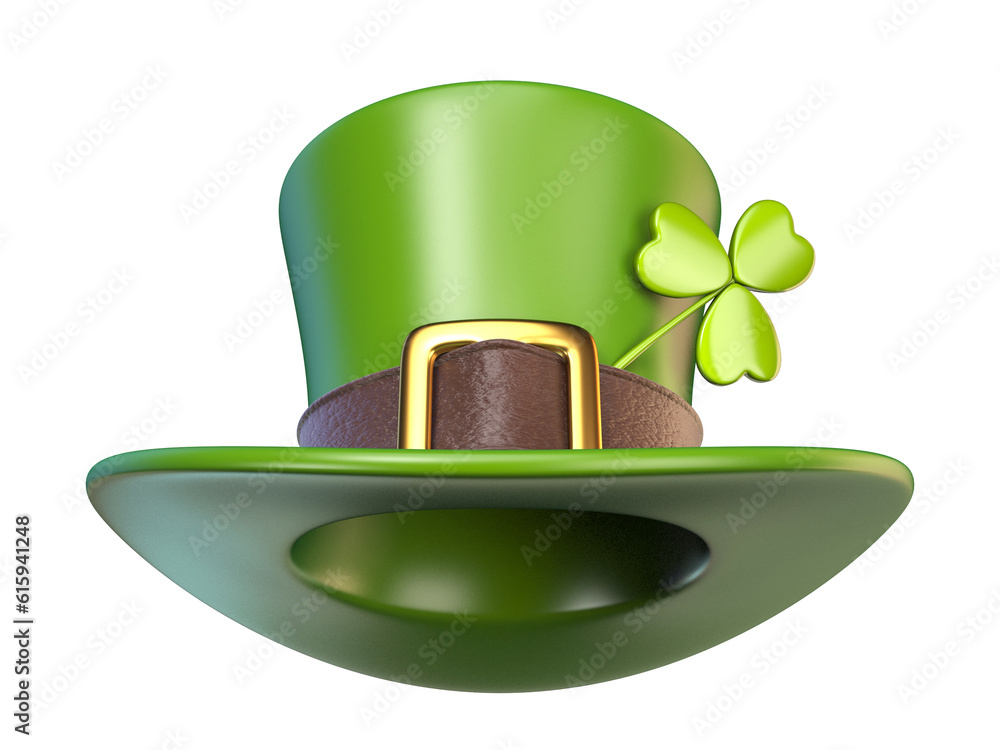 Poster green st. patrick's day hat with clover front view 3d render illustration isolated on white backgrou