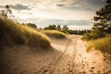 Fototapeta na wymiar A sandy path amidst grassy dunes by the sea