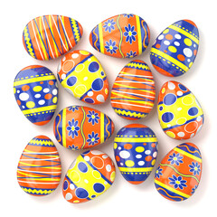 Easter eggs with colorful patterns lying on white background. 3D render illustration