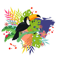 Toucan, tropical flowers and leaves. Vector design elements