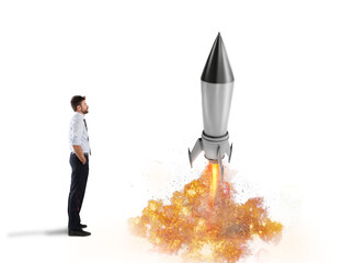 Startup of a new company of a businessman with starting rocket. Concept of business growth