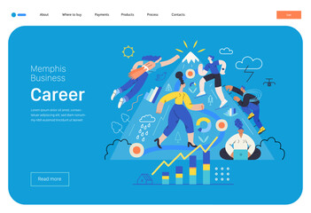 Memphis business illustration. Career-modern flat vector concept illustration of people climbing the mountain. Climbing up the career ladder process metaphor. Corporate business metaphor