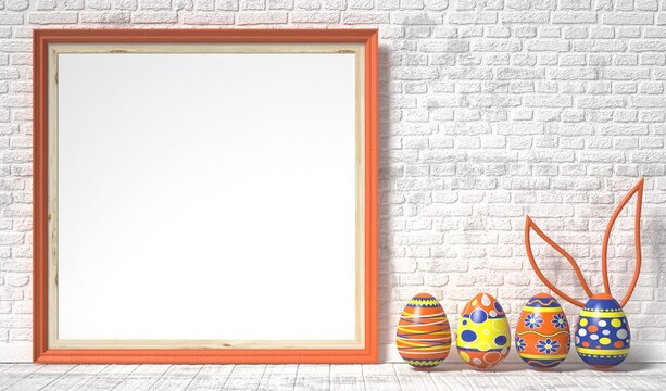 Easter eggs painted and blank picture frame. Easter concept. 3D render illustration