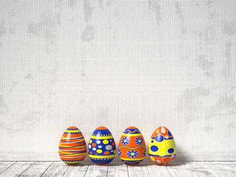 Easter eggs painted on white wooden background. Easter concept. 3D render illustration