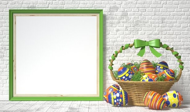 Easter basket with decorated eggs on white wooden background. Easter concept. 3D render illustration