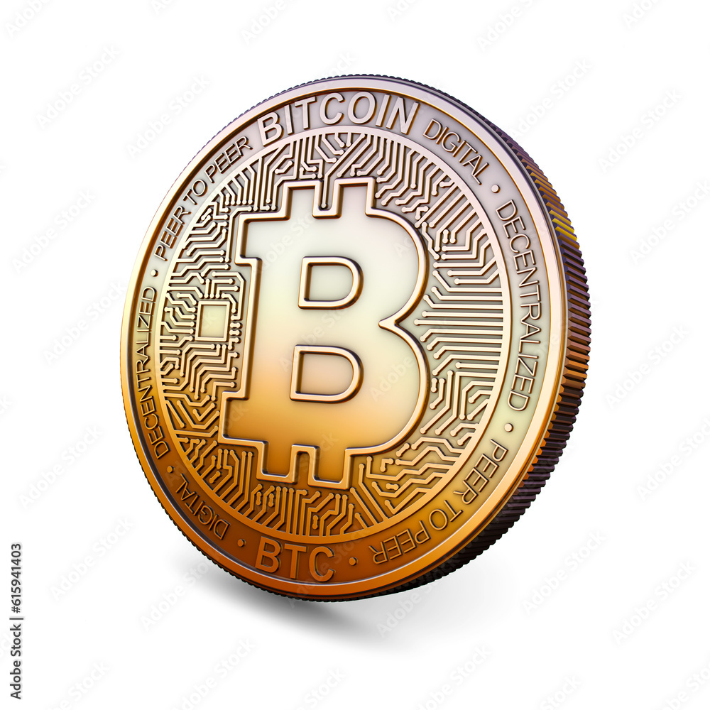 Poster golden bitcoin isolated on white background. cryptocurrency coin concept. blockchain technology. 3d 